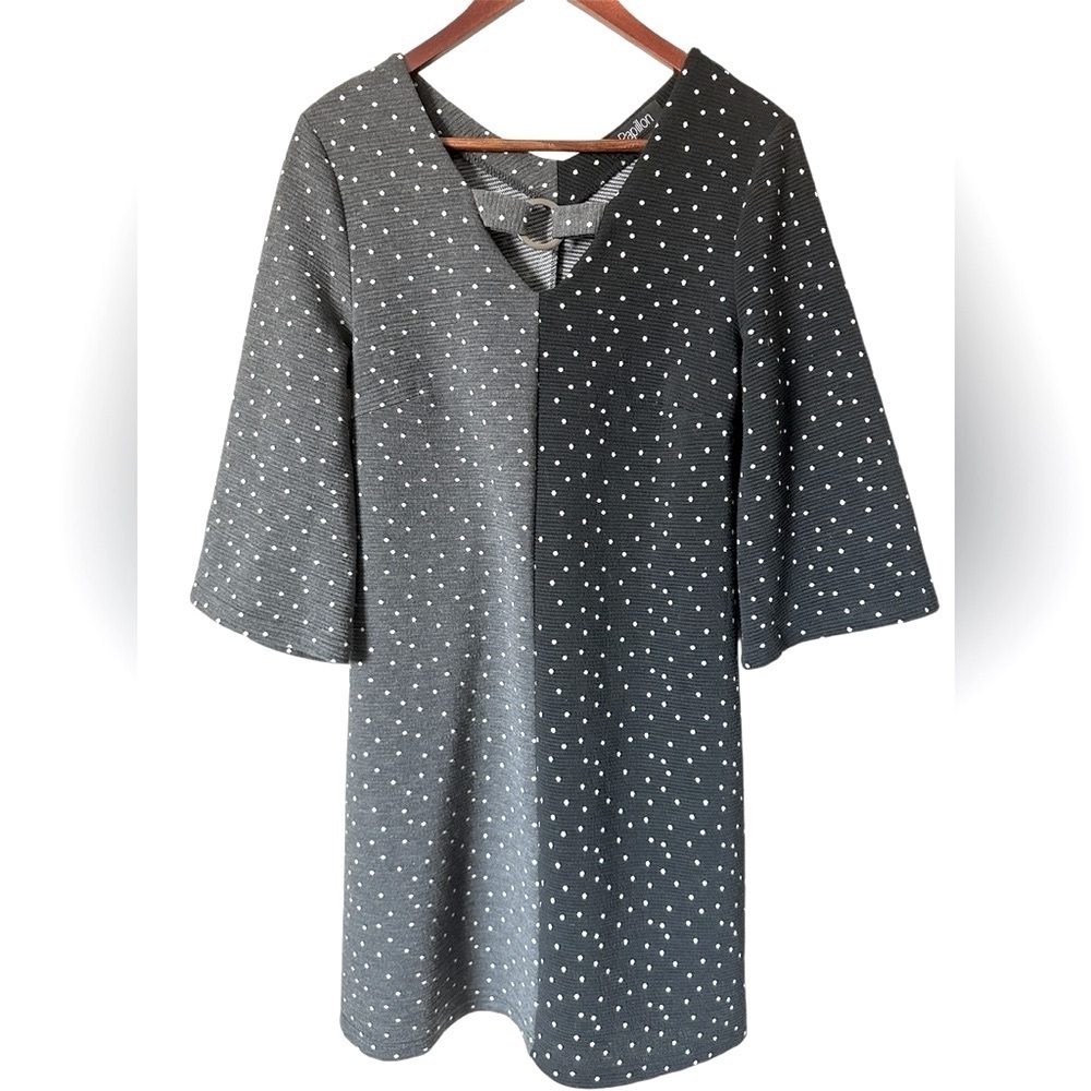 Papillon women's black grey white polka dots dress size S-M 3/4 bell sleeves